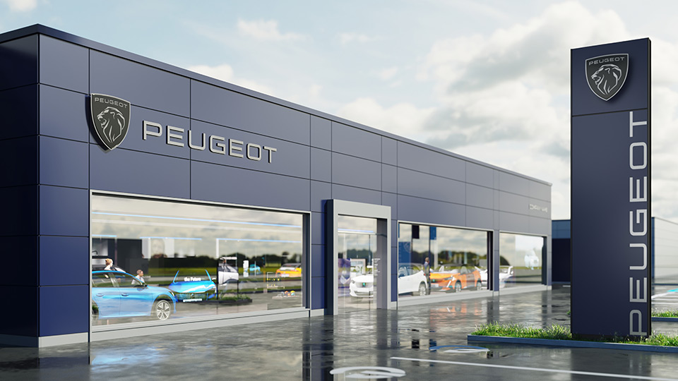 Photo : une concession Peugeot avec le nouveau logo de marque 2021