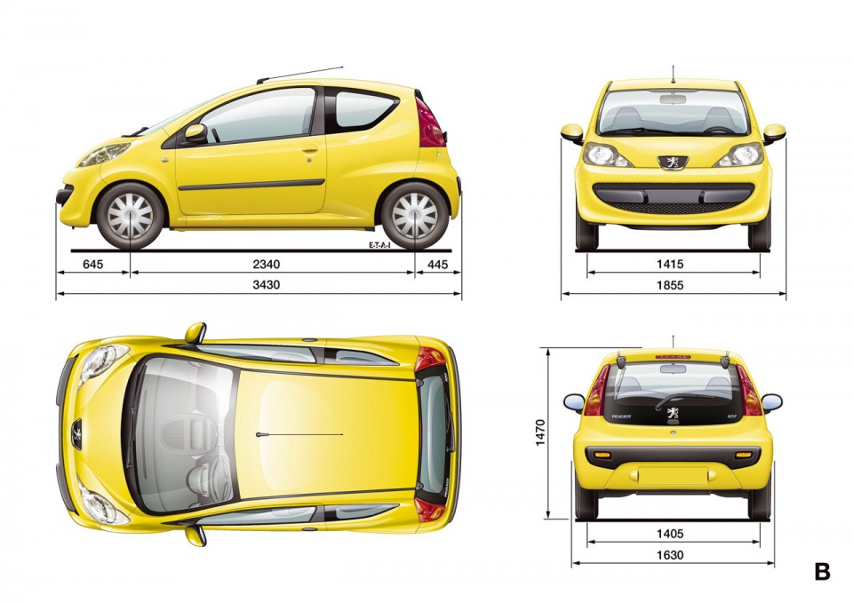 Dimensions extérieures Peugeot 107 phase 1 - 1-023