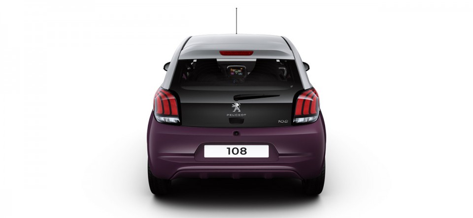 Photo vue arrière Peugeot 108 I bi-colore Gris Gallium / Red Purple