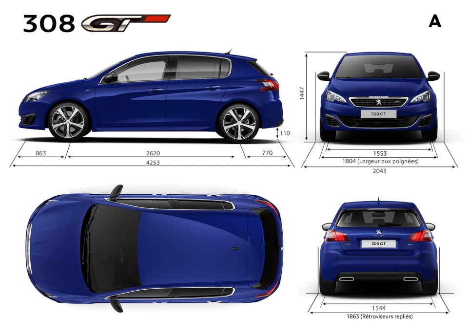 Principales dimensions extérieures (mm) Peugeot 308 GT (2014)