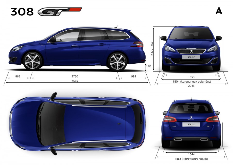 Principales dimensions extérieures (mm) Peugeot 308 SW GT (2014