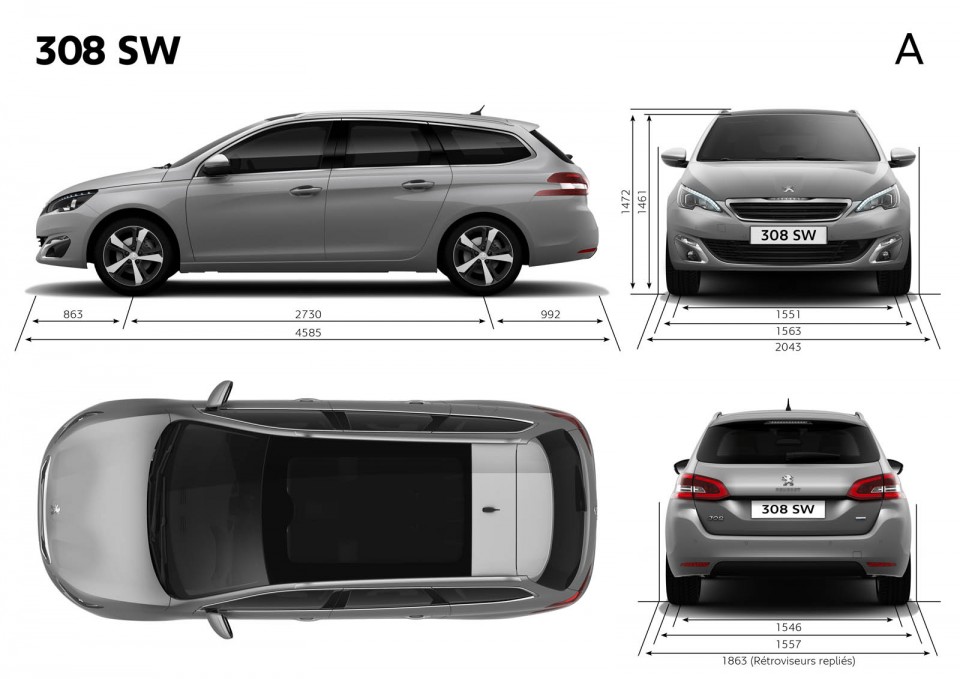 Principales dimensions extérieures (mm) Peugeot 308 SW II