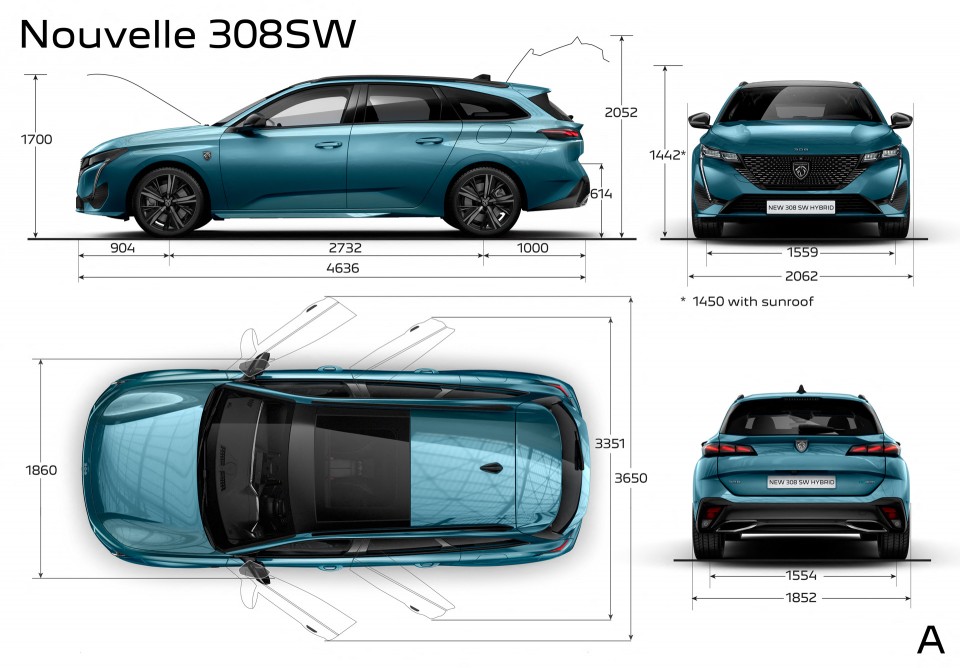 Photo principales dimensions extérieures (mm) Peugeot 308 SW III break (2021)