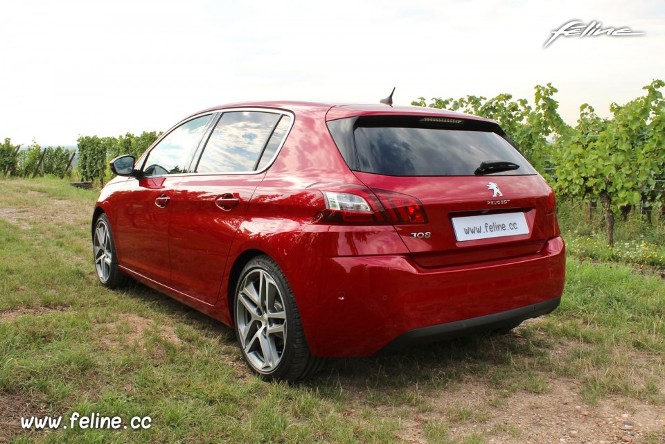 Photo 3/4 arrière vignes Peugeot 308 II Féline Rouge Rubi 1.6 THP 155 -1-064