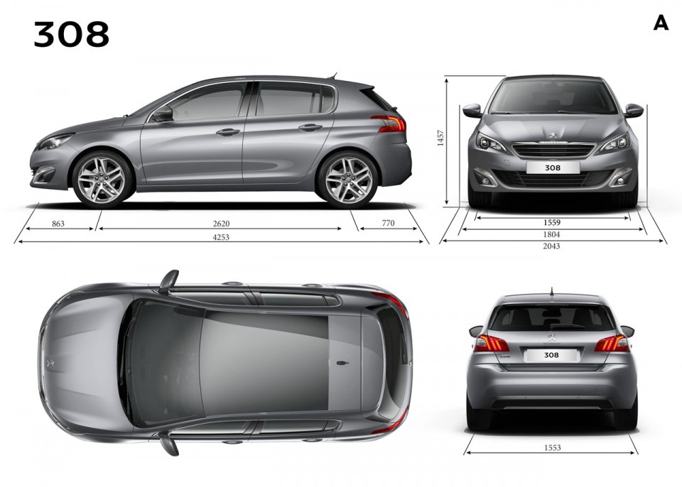 Principales dimensions extérieures (mm) Peugeot 308 II - 2-144