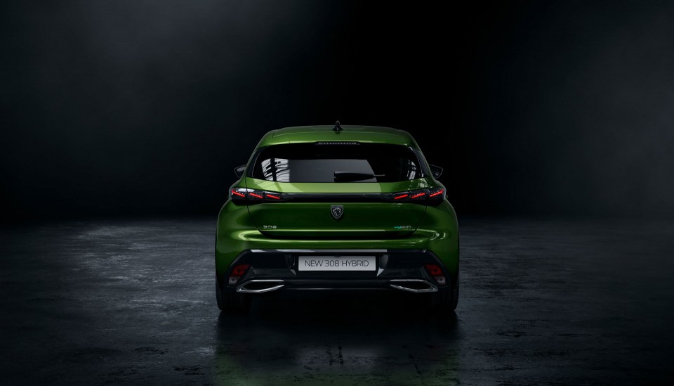 Photo officielle face arrière Peugeot 308 III HYbrid Vert Olivi